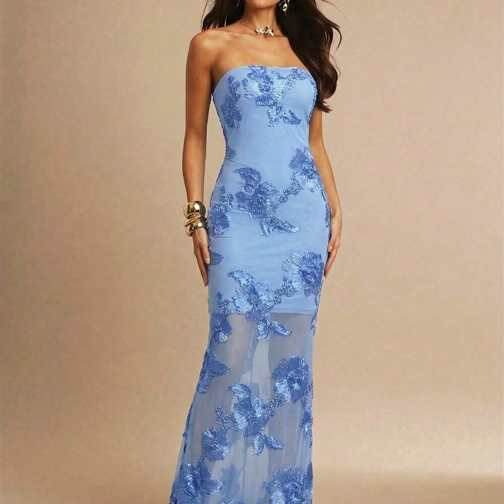 Baby Blue Party Women's 3d Floral Sexy Bodycon Cami Dress